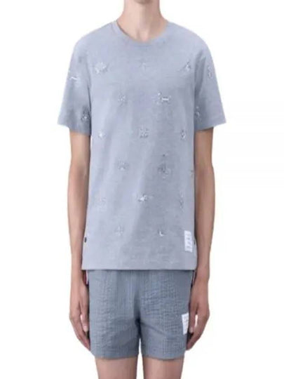 Embroidered Cotton Short Sleeve T-Shirt Grey - THOM BROWNE - BALAAN 2