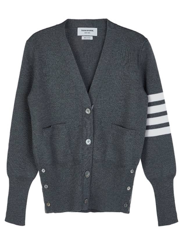 Milano Stitch 4 Bar Classic V Neck Fine Merino Wool Cardigan Medium Grey - THOM BROWNE - BALAAN 2