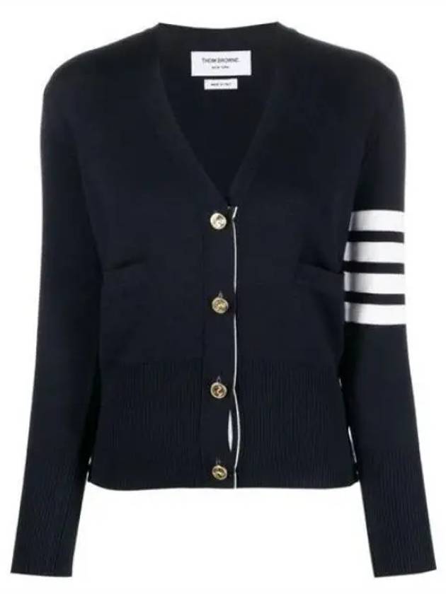 Milano Stitch 4 Bar Classic V Neck Fine Merino Wool Cardigan Navy - THOM BROWNE - BALAAN 2