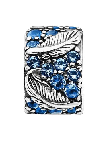 Curved Feather Pave Clip Bracelet Charm Silver Blue - PANDORA - BALAAN 1