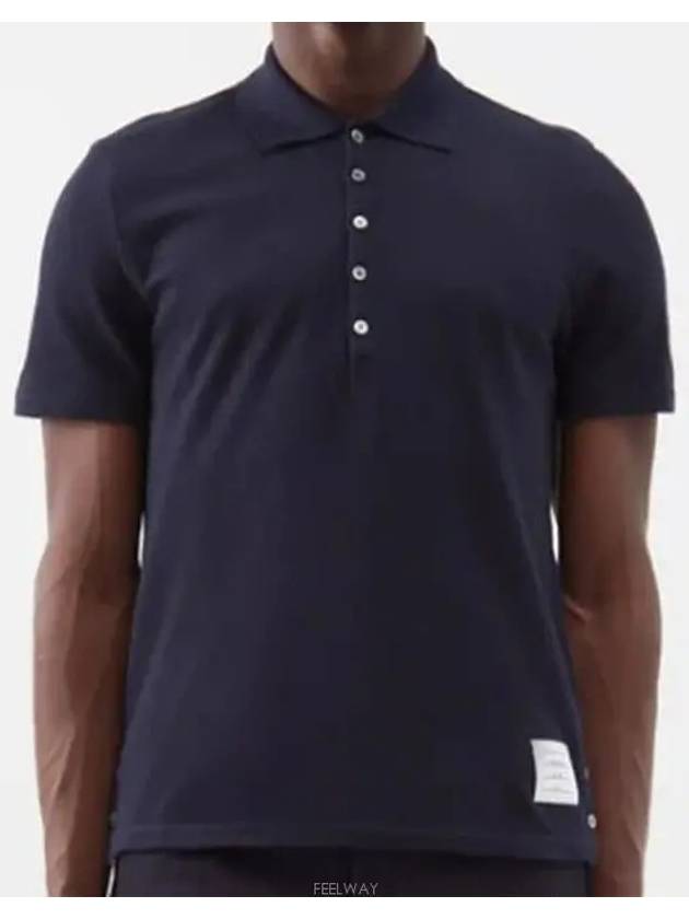 Men's Cotton Pique Center Bag Striped Short Sleeve Polo Shirt  Navy - THOM BROWNE - BALAAN 2