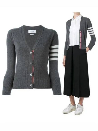 4-Bar V-Neck Cashmere Cardigan Grey - THOM BROWNE - BALAAN 2