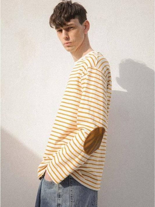 leather patch striped long sleeve t-shirt yellow - BUTTON SEOUL - BALAAN 1