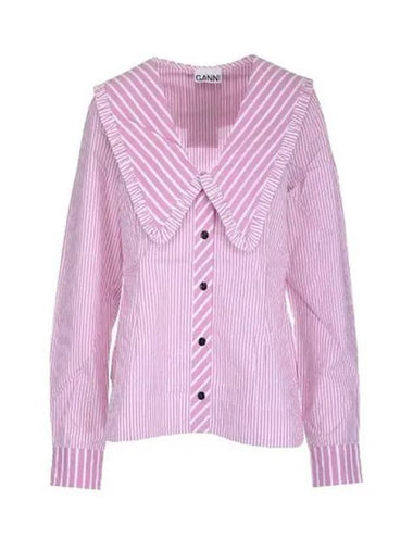 Women's Wide Frill Collar Striped Blouse Moonlight Mauve - GANNI - BALAAN 1