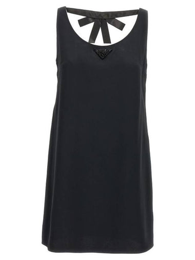 Logo plaque sleeveless short dress black - PRADA - BALAAN 1