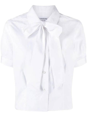 Bow Poplin Cotton Short Sleeve Shirt White - THOM BROWNE - BALAAN 1