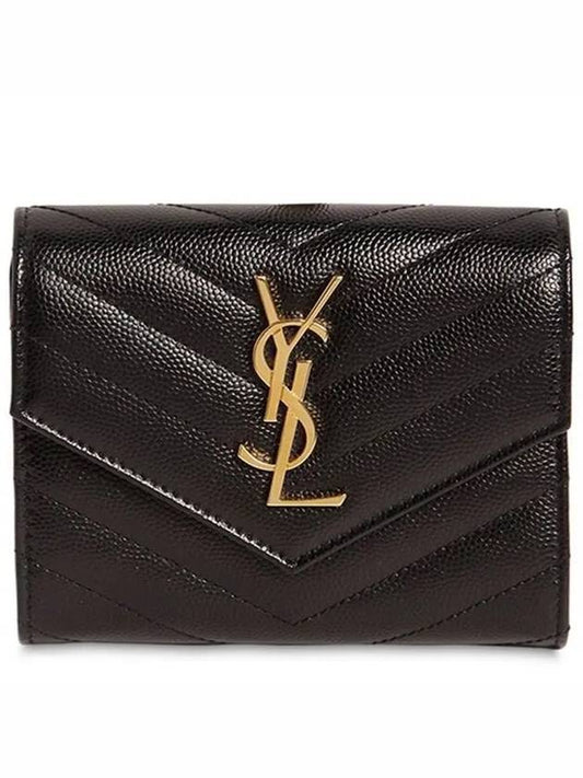 Compact 3fold goldtone metal logo quilted leather wallet - SAINT LAURENT - BALAAN 1