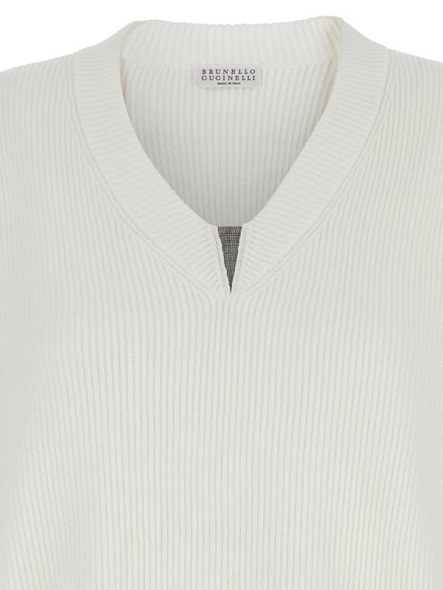 White Sweater With V Neck And Monile Detail On The Front In Cotton Woman - BRUNELLO CUCINELLI - BALAAN 3