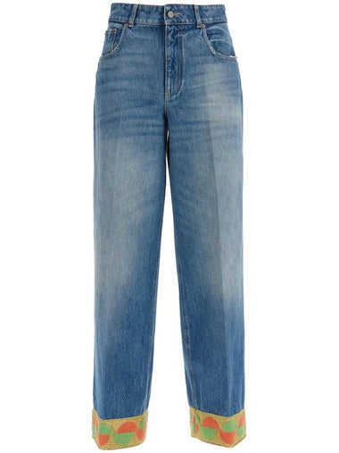 wide leg high waist jeans with colorful trim in medium blue - VALENTINO - BALAAN 1