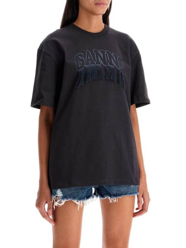 Heavy Cotton Drop Shoulder Fringed Short Sleeve T-Shirt Black - GANNI - BALAAN 3