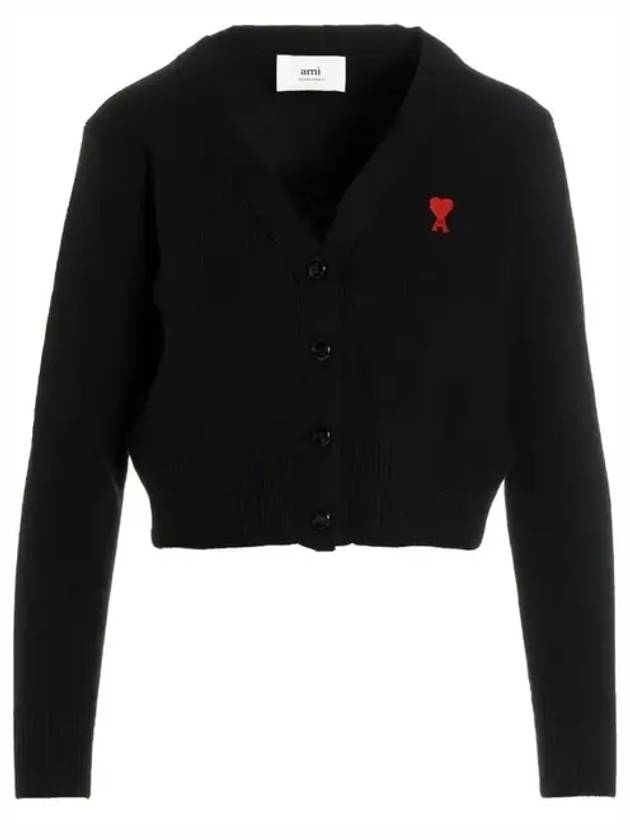 Women's Small Heart Logo Merino Wool Crop Cardigan Black - AMI - BALAAN 2