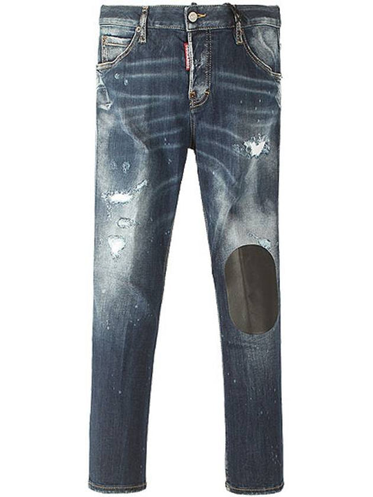 20FW 75LB0418 S30708 470 Logo Patch Knee Leather Diss Denim Pants Medium Blue Women’s Pants TR - DSQUARED2 - BALAAN 1