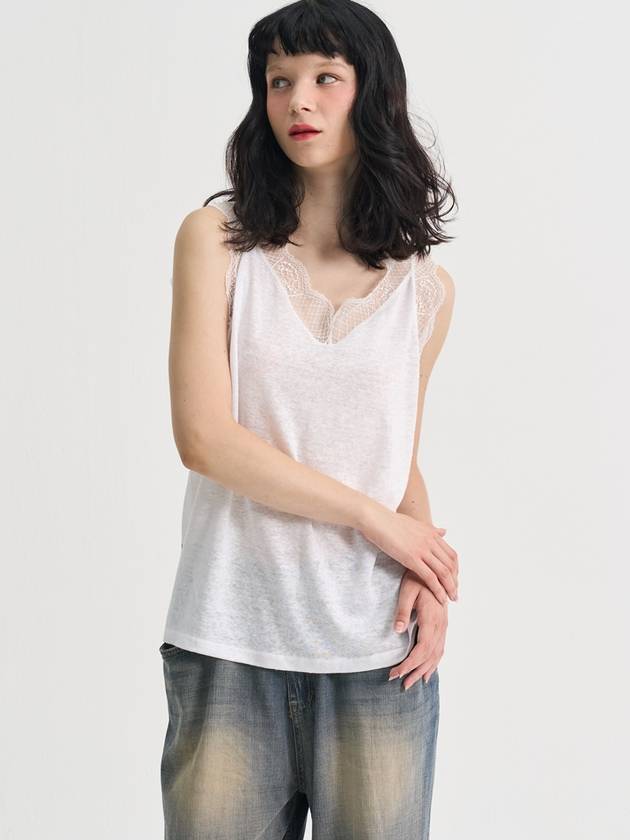 Lace Pure Linen Sleeveless T shirt White - SORRY TOO MUCH LOVE - BALAAN 5