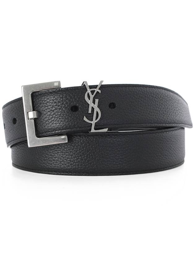 Grained Leather Silver Monogram Belt Black - SAINT LAURENT - BALAAN 2