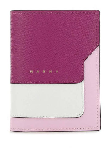 Logo Saffiano Leather Two-fold Bifold Wallet White Pink - MARNI - BALAAN.