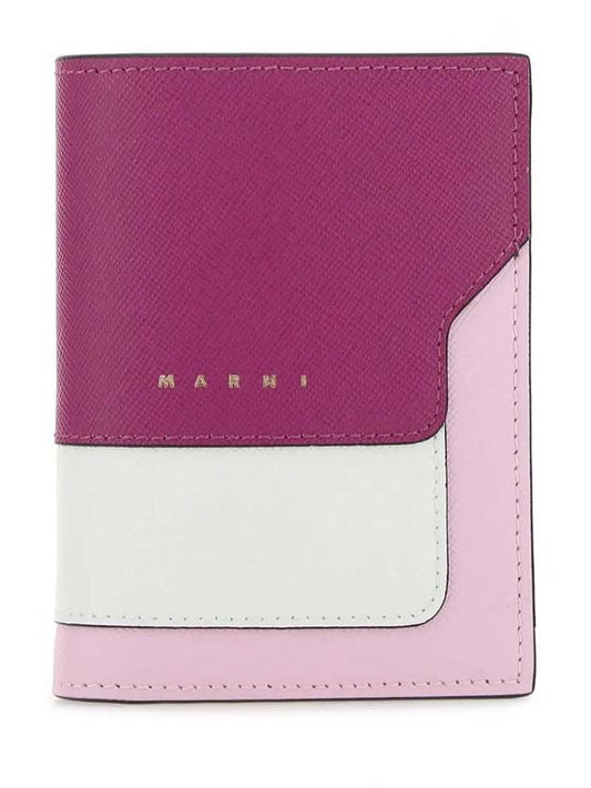 Logo Saffiano Leather Two-fold Bifold Wallet White Pink - MARNI - BALAAN.