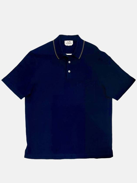 Men's Embroidered H Button PK Shirt Marine - HERMES - BALAAN 2