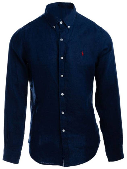 Embroidered Pony Linen Long Sleeve Shirt Navy - POLO RALPH LAUREN - BALAAN 2