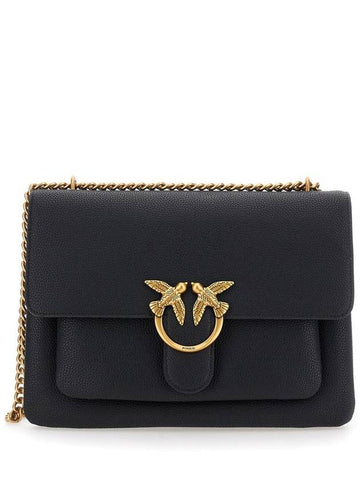 'Love One' Black Shoulder Bag With Love Birds Diamond Cut Logo On The Front In Hammered Leather Woman - PINKO - BALAAN 1