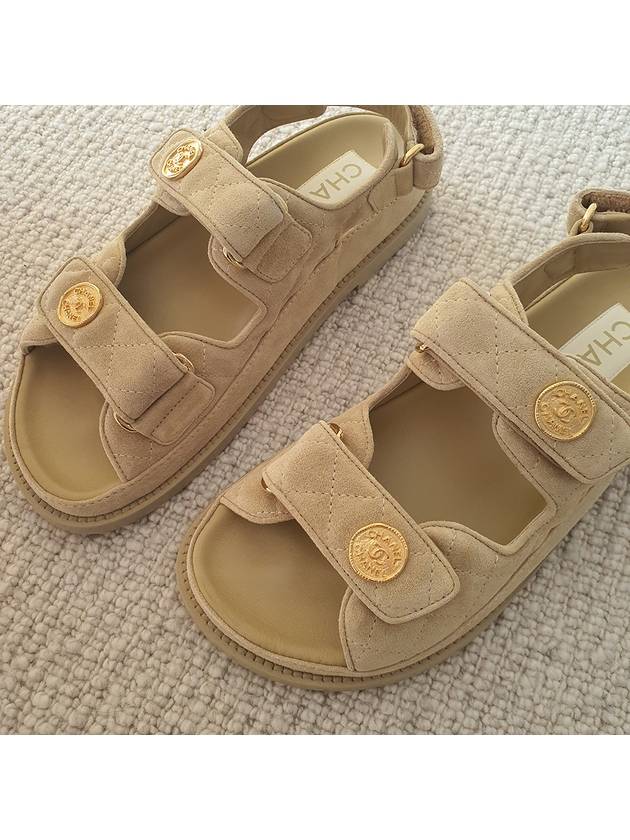 Button Logo Velvet Velcro Sandals Beige - CHANEL - BALAAN.