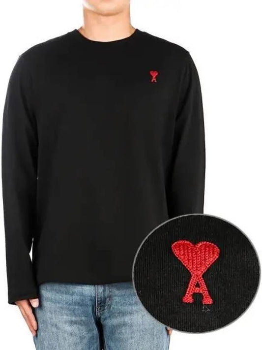 Chain Stitch Heart Logo Long Sleeve T-Shirt Black - AMI - BALAAN 2