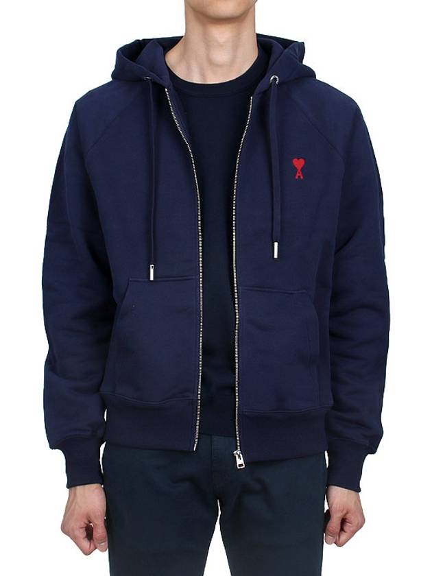 Small Heart Logo Cotton Zip Up Hoodie Night Blue - AMI - BALAAN 4