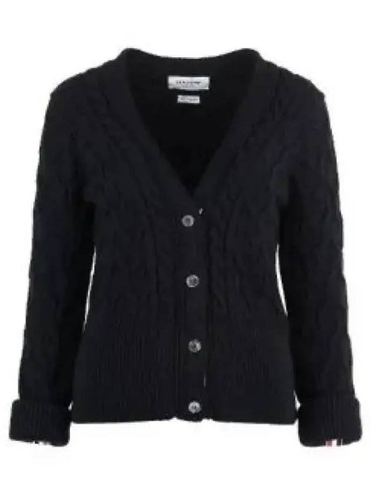 Merino Wool Crisscross Cable Stitch 3/4 Sleeve V-Neck Cardigan Navy - THOM BROWNE - BALAAN 2