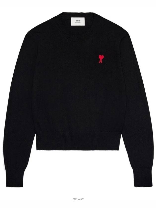 Heart Embroidered Logo Crew Neck Knit Top Black - AMI - BALAAN 5