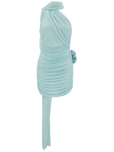 Light Blue Draped Mini Dress With Roses Applications In Stretch Cupro Wpman - MAGDA BUTRYM - BALAAN 1