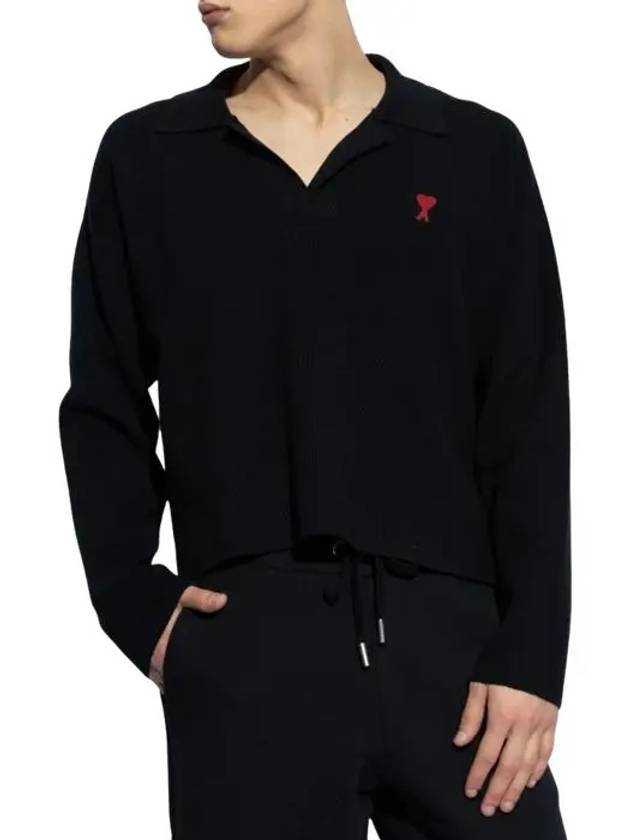 Small Heart Long Sleeve Polo Shirt Black - AMI - BALAAN 3