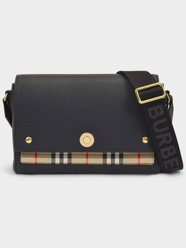 Medium Note Bag in Black Leather and Vintage Check - BURBERRY - BALAAN 1