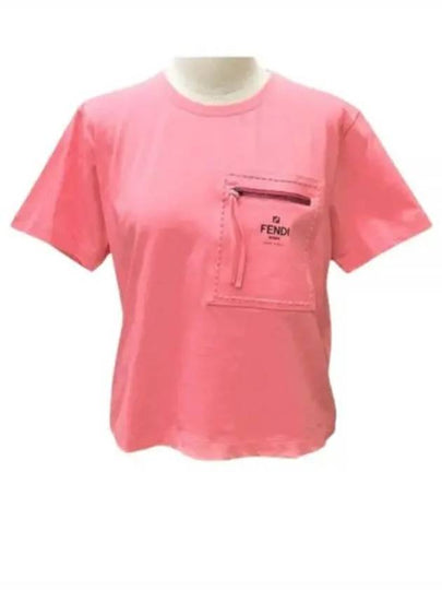 Logo Zipper Pocket Cropped Short Sleeve T-Shirt Pink - FENDI - BALAAN 2