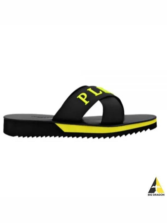 Philipp Plein MSA0118 Logo Slippers Black Fluorescent Yellow PLE008N 0209 - PHILIPP PLEIN - BALAAN 1