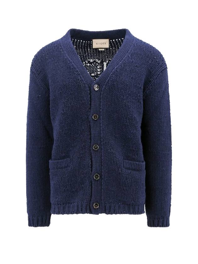 Intarsia Knit Wool Cardigan Navy - GUCCI - BALAAN 3