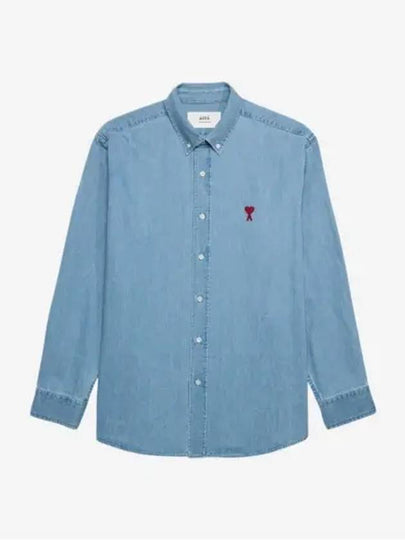 Embroidered Heart Logo Denim Long Sleeve Shirt Blue - AMI - BALAAN 2