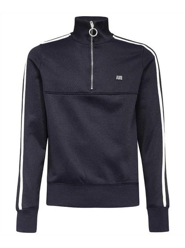 Embroided Logo Half Zip-Up Sweatshirt Navy - AMI - BALAAN 1