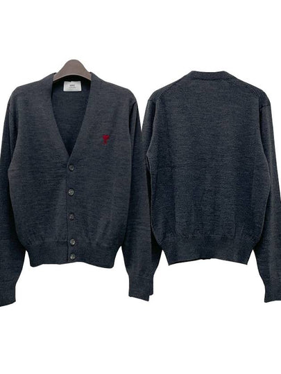 Red Heart Logo Merino Wool Cardigan Heather Grey - AMI - BALAAN 2