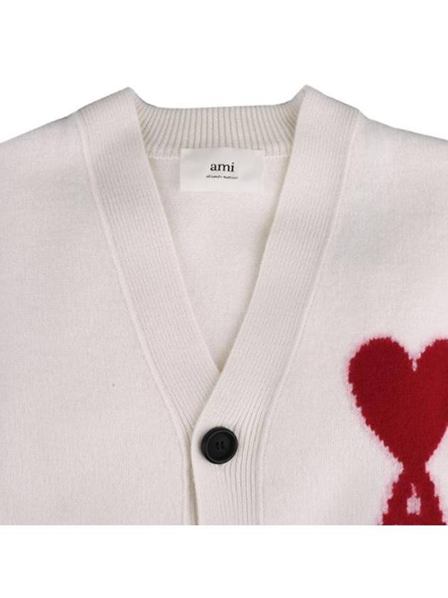 Heart Logo V Neck Wool Cardigan Off White - AMI - BALAAN 4