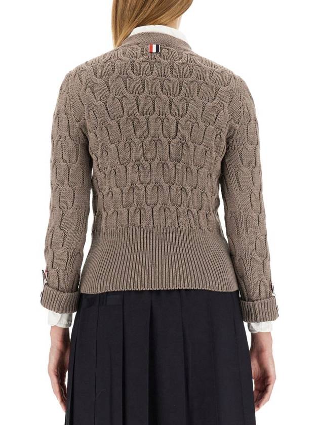 Merino Wool Crisscross Cable Stitch 3/4 Sleeve V-Neck Cardigan Medium Brown - THOM BROWNE - BALAAN 4