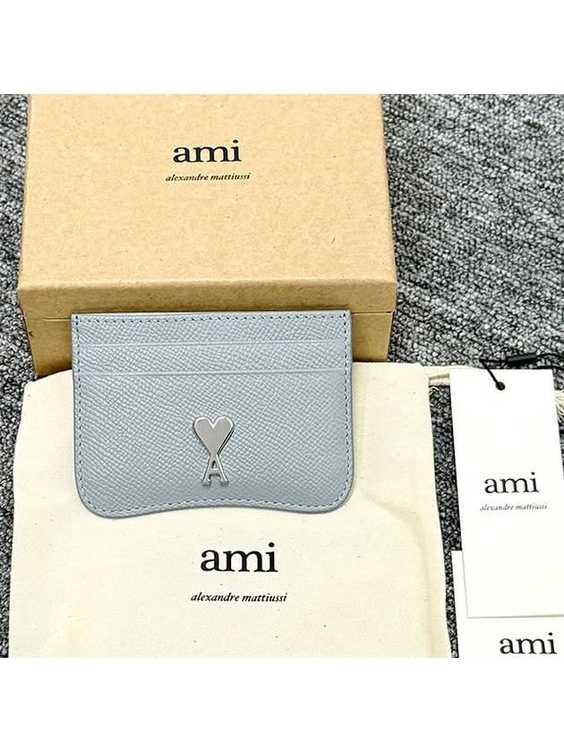 Heart Logo Plaque Leather Card Wallet Clay Blue - AMI - BALAAN 3