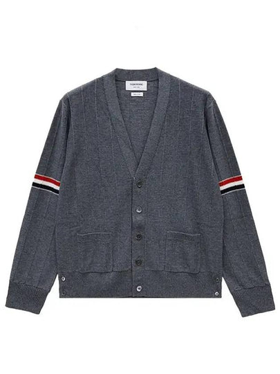 RWB V-neck Striped Virgin Wool Cardigan Grey - THOM BROWNE - BALAAN 2