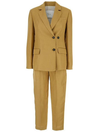 Beige Double-Breasted Suit With Notched Revers In Linen And Viscose Blend Woman - TELA - BALAAN 1