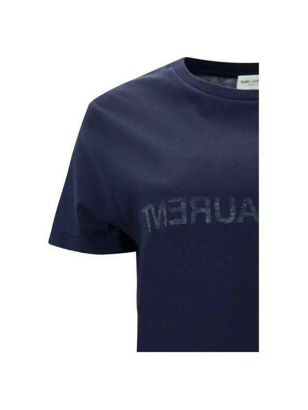 Reverse Logo Print Cotton Short Sleeve T-Shirt Navy - SAINT LAURENT - BALAAN 3