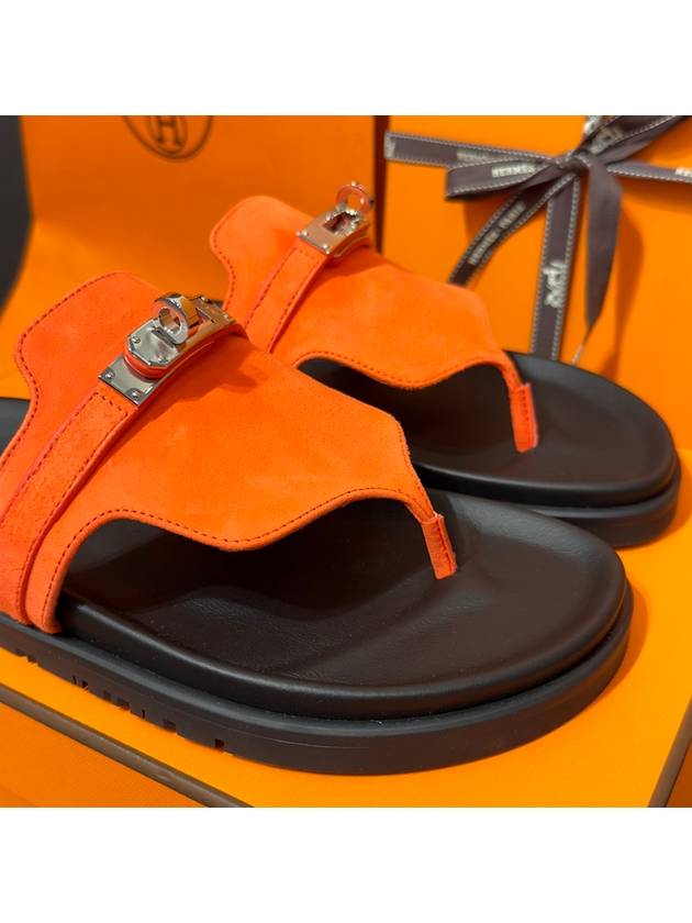 Women's Sandals Silver Empire Kelly Buckle Suede Goatskin Orange - HERMES - BALAAN 4