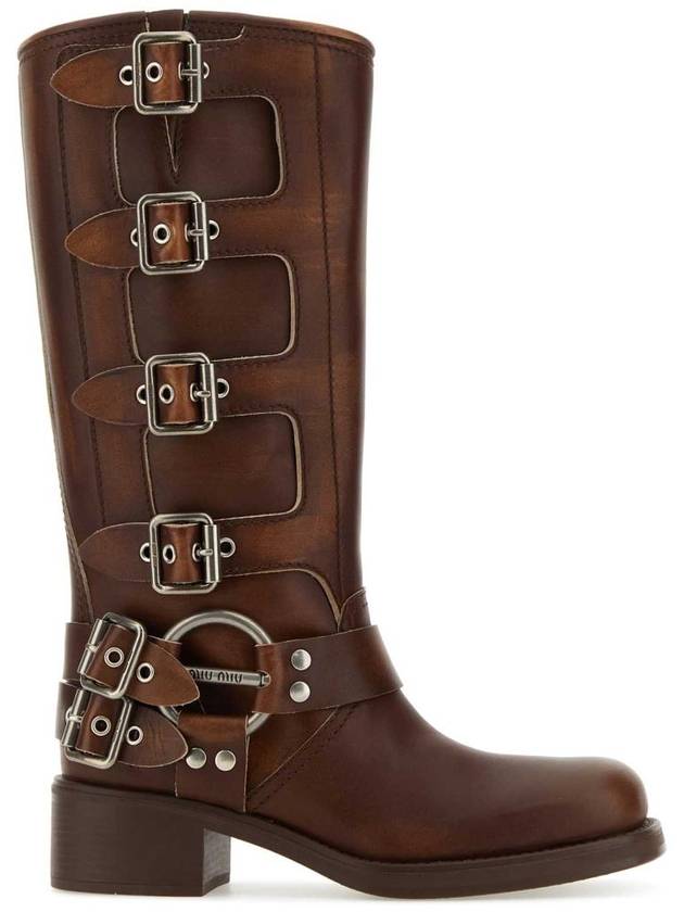 Buckle Detail Leather Long Boots Brown - MIU MIU - BALAAN 2