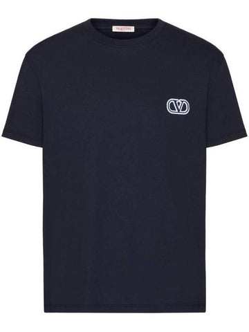 V Logo Short Sleeve T-Shirt  Navy - VALENTINO - BALAAN 1