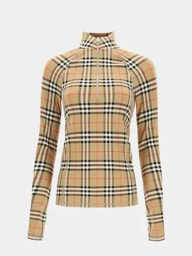 Women's Check Stretch Jersey Half Zip Up Long Sleeve T-Shirt Beige - BURBERRY - BALAAN 2