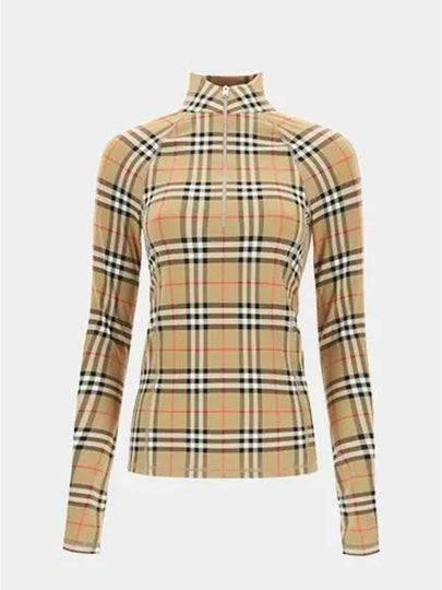 Women's Check Stretch Jersey Half Zip Up Long Sleeve T-Shirt Beige - BURBERRY - BALAAN 2