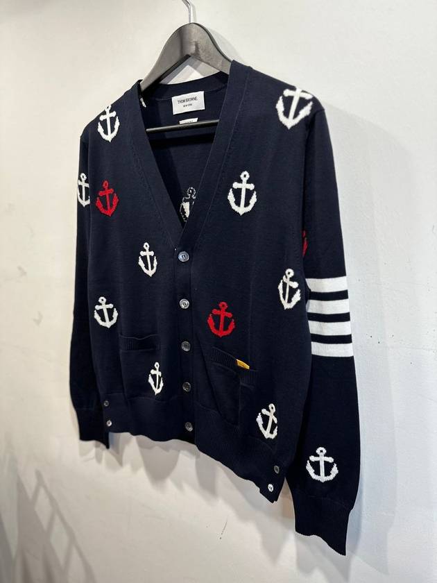 Anchor Intarsia 4-Bar V-Neck Cardigan Navy - THOM BROWNE - BALAAN 3