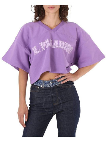 System Ladies Violet Lettering Short-Sleeve V-Neck Cropped Top, Brand Size 34 (US Size 2) - SYSTEM - BALAAN 1